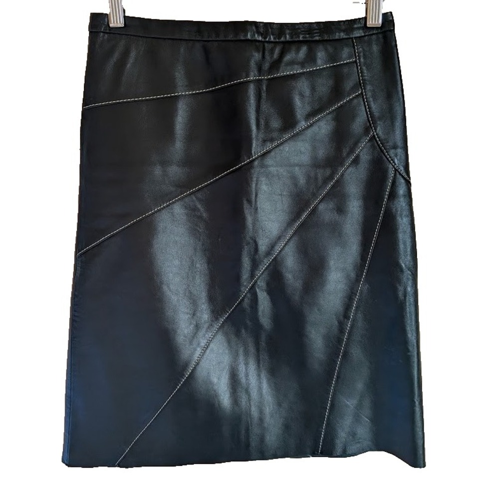 BCBG Max Azria Leather Skirt 2 Black Pencil Stitch Punk Rocker Hipster Trendy